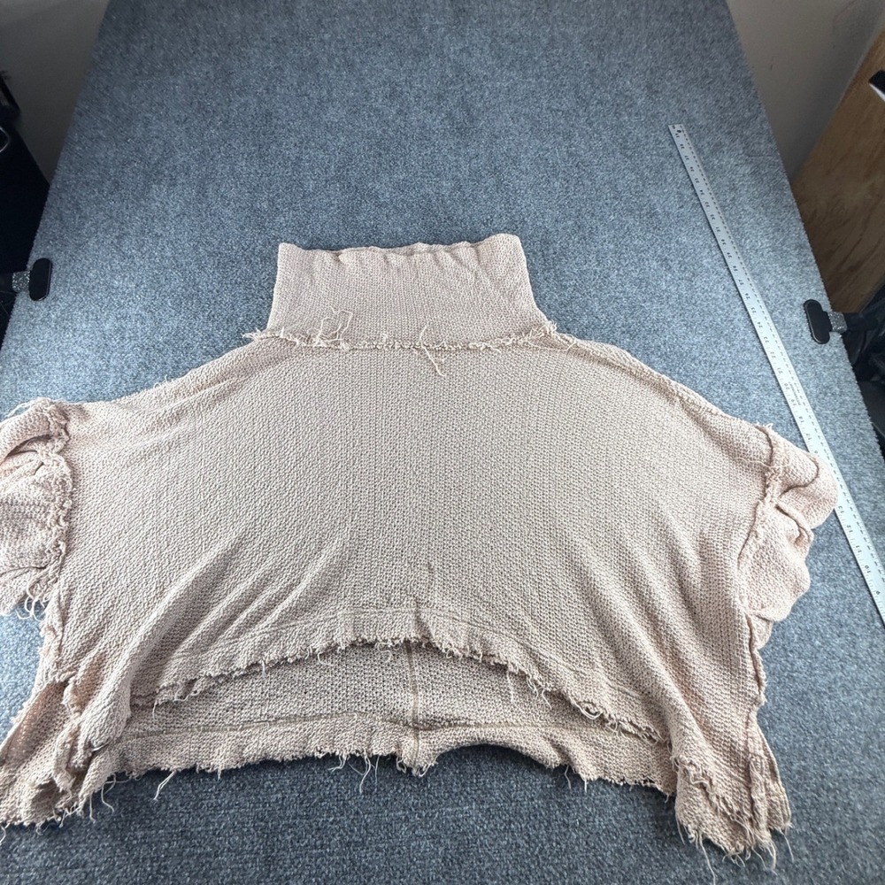 We The Free Free People Tan Knit Poncho Mock Neck Raw Hem Sweater M 0830